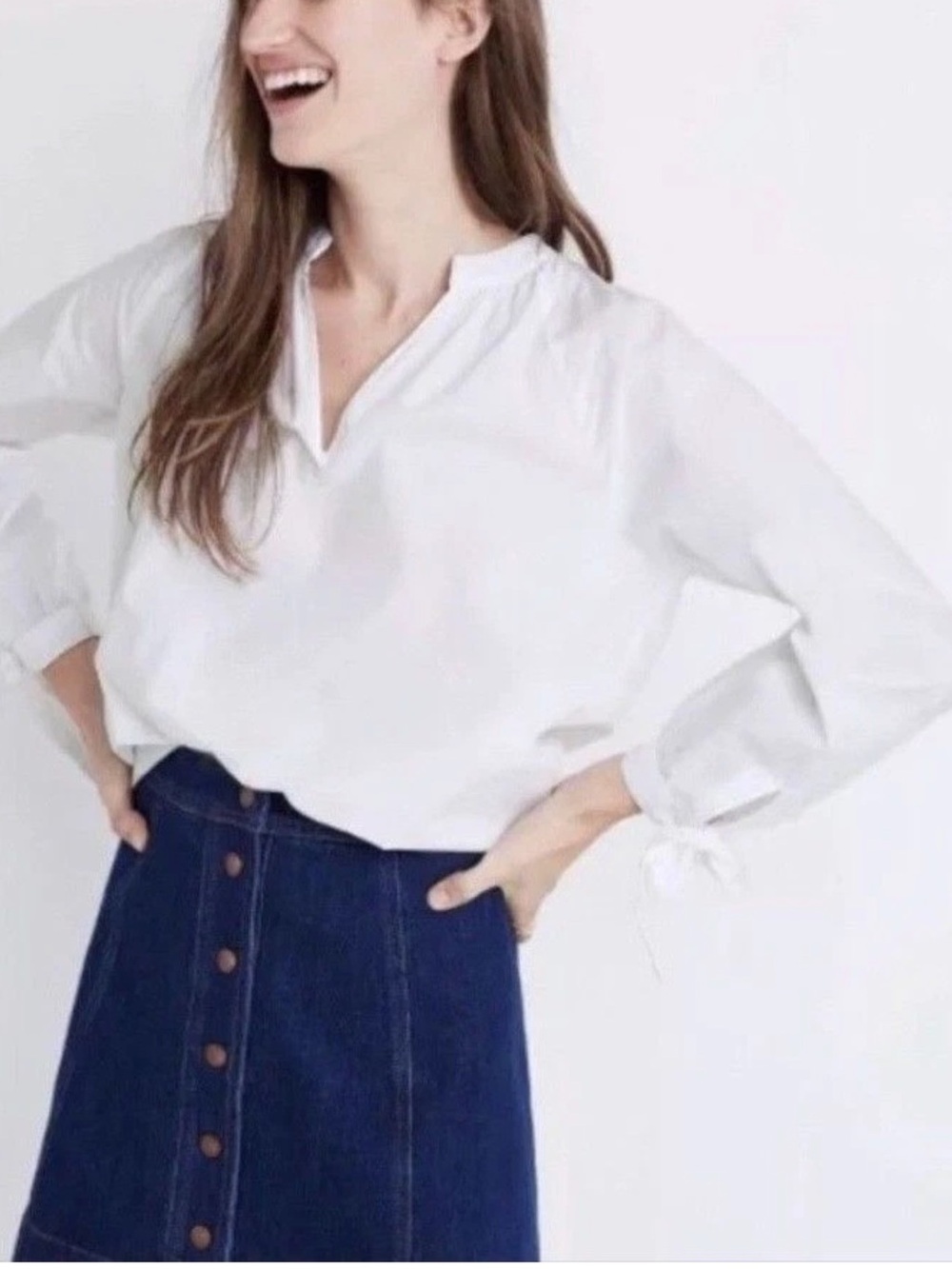 Madewell White Cotton Bow Tie-Cuff Popover Blouse Split V-Neck Extra Small XS